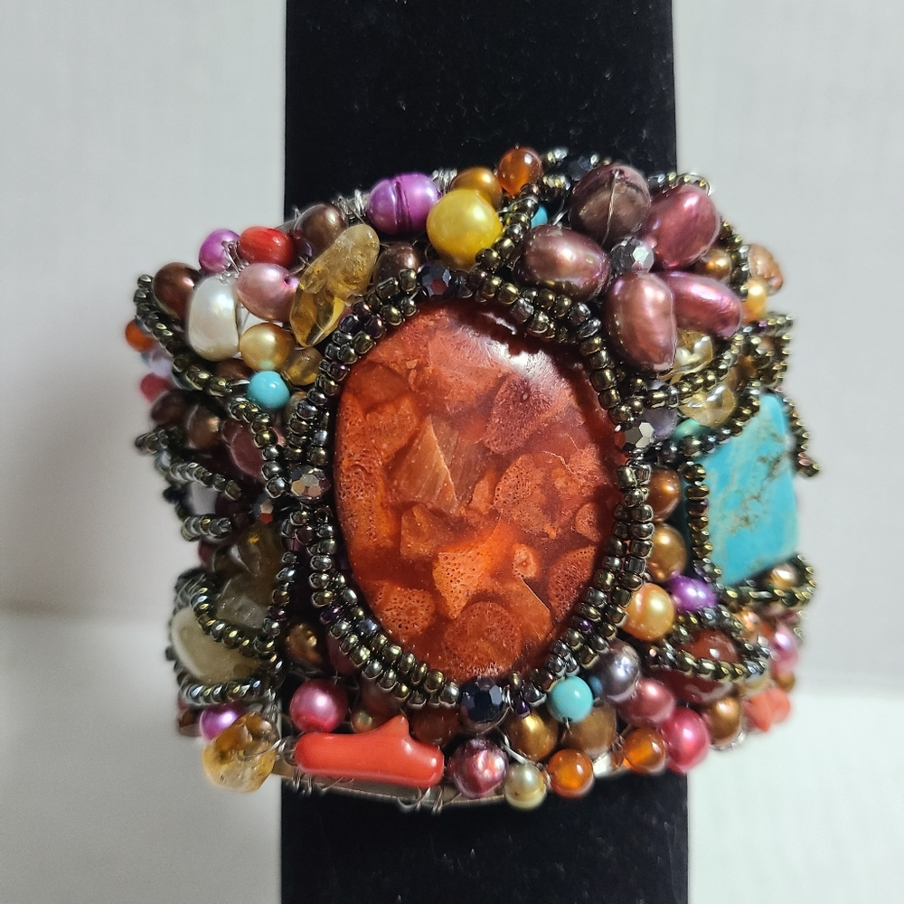 CUFF BRACELET BOHO Style Pearl, Bead & Stone  Asymmetrical Bracelet